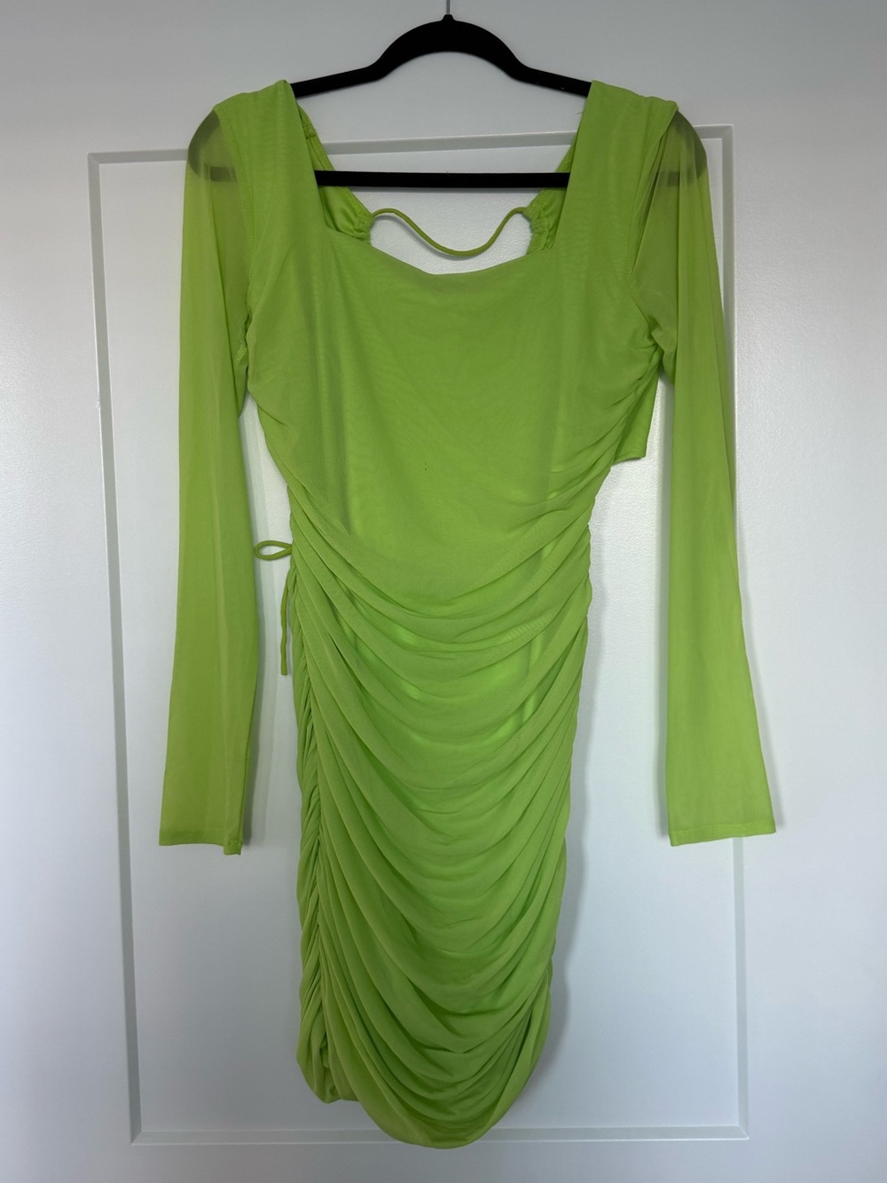 Fashion Nova Neon Lime Ruched Long Sleeve Dress